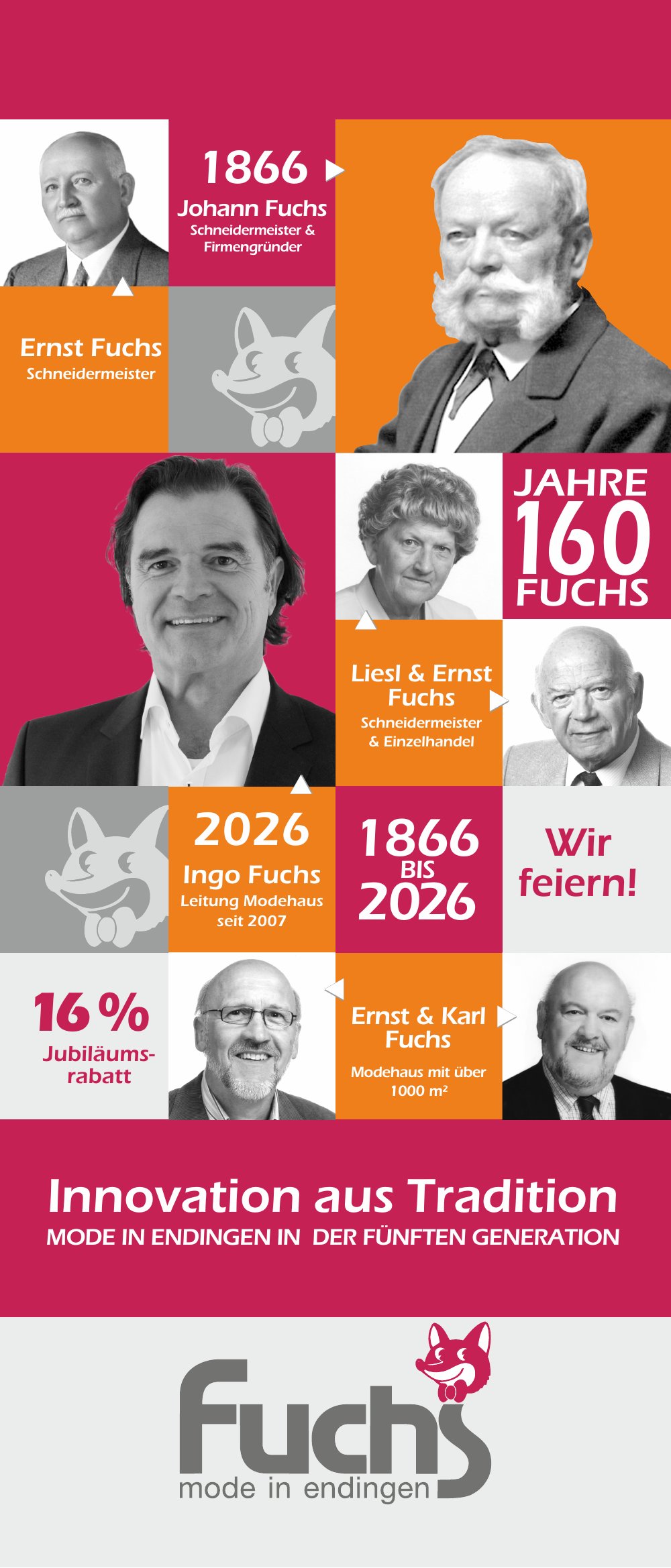 Jubiläums-Flyer: 160 Jahre Fuchs, 1866 bis 2026, 16 Prozent Jubiläumsrabatt